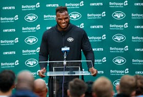 American Football - NFL - New York Jets media day ahead of their London match - Ware, Britain - October 8, 2021 New York Jets' John Franklin-Myers during a press conference Action Images via Reuters/Andrew Boyers/FILE PHOTO