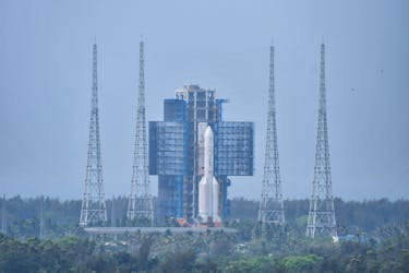 The Chang'e 6 lunar probe and the Long March-5 Y8 carrier rocket combination sit atop the launch pad at the Wenchang Space Launch Site in Hainan province, China April 27, 2024. cnsphoto via REUTERS
