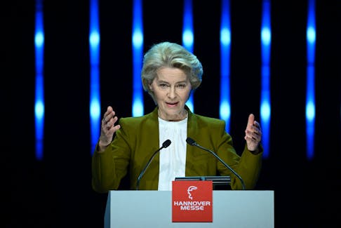 European Commission President Ursula von der Leyen speaks during an opening ceremony of the industry trade fair Hannover Messe with a focus on carbon-neutral production, industries 4.0, energy for industry, artificial intelligence, hydrogen and fuel cells at the Congress Center, in Hanover, Germany April 21, 2024. 