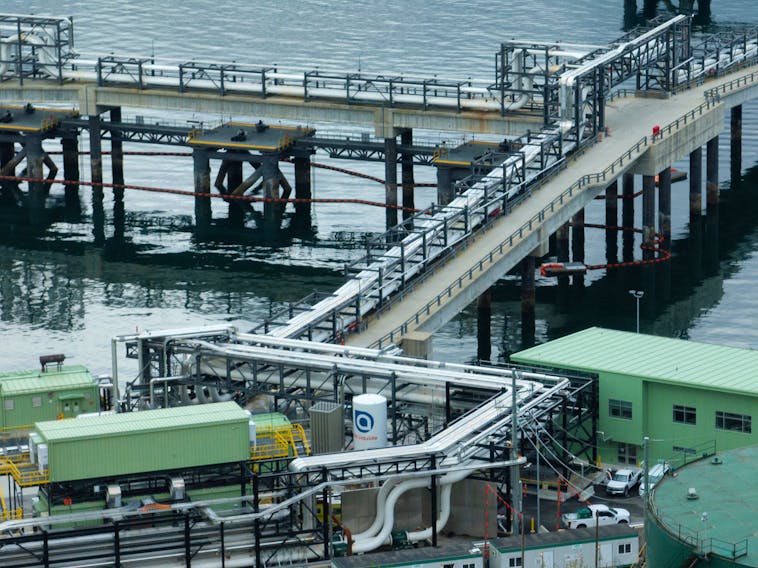 A drone view of pipes to carry oil to docked tanker ships is seen at Westridge Marine Terminal, the terminus of the Canadian government-owned Trans Mountain pipeline expansion project in Burnaby, British Columbia, Canada April 26, 2024.