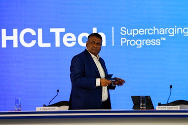 C Vijayakumar, CEO and Managing Director of HCLTech, India's third-largest IT services provider, speaks during a press conference announcing the company's quarterly results at its headquarters in Noida, India, January 12, 2024.