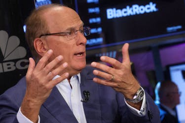 Larry Fink, chairman and CEO of BlackRock, speaks during an interview with CNBC on the floor of the New York Stock Exchange (NYSE) in New York City, U.S., April 14, 2023.