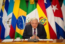Mexico's President Andres Manuel Lopez Obrador attends a virtual meeting of the Community of Latin American and Caribbean States (CELAC) Presidents in response to the police raid at the Mexican embassy in Quito, in Tegucigalpa, Honduras, from his office in Mexico City, Mexico, April 16, 2024. Mexico Presidency/Handout via