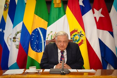 Mexico's President Andres Manuel Lopez Obrador attends a virtual meeting of the Community of Latin American and Caribbean States (CELAC) Presidents in response to the police raid at the Mexican embassy in Quito, in Tegucigalpa, Honduras, from his office in Mexico City, Mexico, April 16, 2024. Mexico Presidency/Handout via