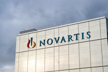 The company's logo is seen at the new cell and gene therapy factory of Swiss drugmaker Novartis in Stein, Switzerland, November 28, 2019.