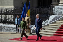 Ukraine's President Volodymyr Zelenskiy and NATO Secretary-General Jens Stoltenberg arrive for a press conference, amid Russia’s attack on Ukraine,  in Kyiv, Ukraine, April 29, 2024.