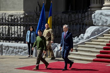 Ukraine's President Volodymyr Zelenskiy and NATO Secretary-General Jens Stoltenberg arrive for a press conference, amid Russia’s attack on Ukraine,  in Kyiv, Ukraine, April 29, 2024.