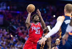 Apr 28, 2024; Philadelphia, Pennsylvania, USA; Philadelphia 76ers center Joel Embiid (21) drives for a shot against New York Knicks forward Precious Achiuwa (5) during the first half of game four of the first round in the 2024 NBA playoffs at Wells Fargo Center. Mandatory Credit: Bill Streicher-USA TODAY Sports