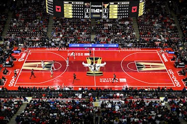 Nov 3, 2023; Chicago, Illinois, USA; The floor is red for the NBA In-Season Tournament during the first half of the game between the Chicago Bulls and the Brooklyn Nets  at the United Center. Mandatory Credit: Matt Marton-USA TODAY Sports