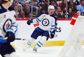 Apr 28, 2024; Denver, Colorado, USA; Winnipeg Jets defenseman Nate Schmidt (88) celebrates his goal during the first period against the Colorado Avalanche in game four of the first round of the 2024 Stanley Cup Playoffs at Ball Arena. Mandatory Credit: Ron Chenoy-USA TODAY Sports