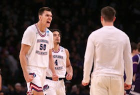 March 22, 2024, Brooklyn, NY, USA; Florida Atlantic Owls center Vladislav Goldin (50) reacts against the Northwestern Wildcats in the first round of the 2024 NCAA Tournament at the Barclays Center. Mandatory Credit: Brad Penner-USA TODAY Sports/File Photo