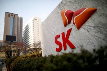 The logo of SK Innovation is seen in front of its headquarters in Seoul, South Korea, February 3, 2017. 