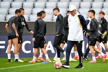Soccer Football - Champions League - Real Madrid training- Allianz Arena, Munich, Germany - April 29, 2024 Real Madrid coach Carlo Ancelotti during training