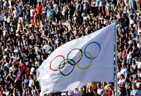 Paris 2024 Olympics - Olympic Flame Handover Ceremony - Panathenaic Stadium, Athens, Greece - April 26, 2024 General view of the Olympic flag during the Handover Ceremony