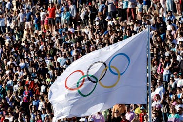 Paris 2024 Olympics - Olympic Flame Handover Ceremony - Panathenaic Stadium, Athens, Greece - April 26, 2024 General view of the Olympic flag during the Handover Ceremony