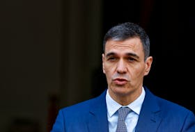 Spain's Prime Minister Pedro Sanchez speaks to the media on the day of his meeting with Ireland's Taoiseach (Prime Minister) Simon Harris to discuss recognising the Palestinian state, in Dublin, Ireland, April 12, 2024.