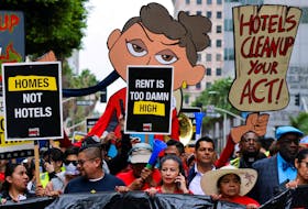 Hotel workers march and protest as they continue their strike in Los Angeles, California, U.S., October 25, 2023.