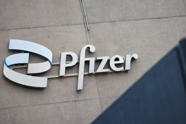 Pfizer company logo is seen at a Pfizer office in Puurs, Belgium, December 2, 2022.