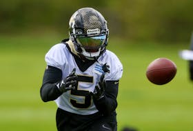 American Football - NFL - New Orleans Saints media day - Hazelwood Centre, Sunbury-on-Thames, Britain - September 29, 2022 New Orleans Saints' Jarvis Landry during practice Action Images via Reuters/Paul Childs/File Photo