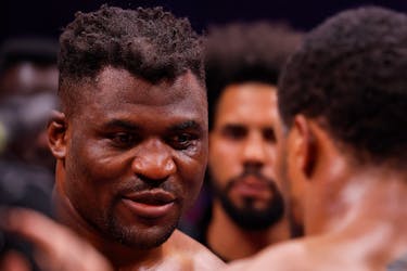 Boxing - Anthony Joshua v Francis Ngannou - Kingdom Arena, Riyadh, Saudi Arabia - March 9, 2024 Francis Ngannou with Anthony Joshua after losing the fight