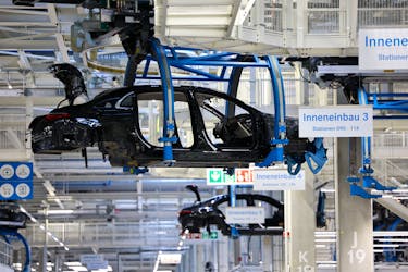 Mercedes-Maybach car bodies are lifted in "Factory 56", one of the world's most modern electric and conventional car assembly halls of German carmaker Mercedes-Benz, in Sindelfingen near Stuttgart, Germany, March 4, 2024.