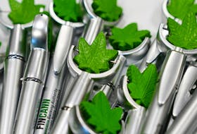 Pens featuring a marijuana leaf are pictured on a table at the Cannabis World Congress & Business Exposition (CWCBExpo) in the Manhattan borough of New York City, New York, U.S., November 5, 2021.