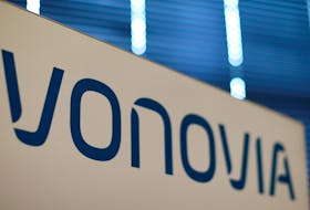 A logo of German real estate company Vonovia, is pictured during a news conference in Duesseldorf, Germany, March 6, 2018.