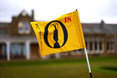 Golf - 152nd Open Championship Preview - Royal Troon, Scotland, Britain, April 30, 2024 Flag on the 18th hole at Royal Troon