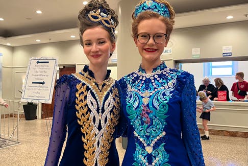 Charlotte Malone, left, and Amy Watkins in their costumes at the Atlantic Canadian Irish Dancing Championships on Saturday, April 27.