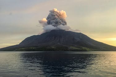 Mount Ruang volcano spews volcanic ash as seen from Tagulandang in Sitaro Islands Regency, North Sulawesi province, Indonesia, April 19, 2024.