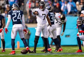 Jan 7, 2024; Nashville, Tennessee, USA;  Jacksonville Jaguars wide receiver Zay Jones (7) points after making a first down against the Tennessee Titans during the first half at Nissan Stadium. Mandatory Credit: Steve Roberts-USA TODAY Sports/File Photo