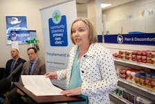 Allison Bodnar, CEO, Pharmacy Association of Nova Scotia, gives her remarks during the announcement of the Community Pharmacy Primary Care Clinic program expansion at the Medicine Shoppe Parmacy in Dartmouth Wednesday April 26, 2023.

TIM KROCHAK PHOTO