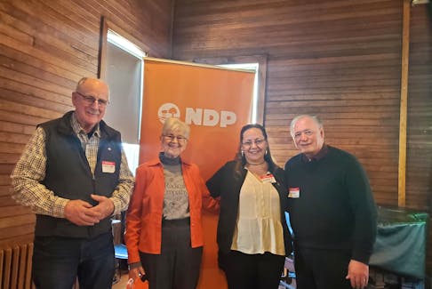 Martin Kenny, left, and Marie Burge, centre-left, were recognized as lifetime members of the New Democratic Party of P.E.I. during the party’s April 27 annual general meeting by party leader Michelle Neill. centre-right, and president Herb Dickieson. NDP P.E.I. • Special to The Guardian