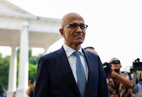 Executive Chairman and CEO of Microsoft Corporation Satya Nadella looks on at the Presidential Palace as he is scheduled to meet Indonesian President Joko WIdodo, in Jakarta, Indonesia, April 30, 2024.
