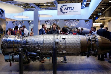 A MTU Aero Engines EJ 200 turbofan aircraft engine is pictured at the ILA Berlin Air Show in Schoenefeld, south of Berlin, Germany, June 1, 2016.   
