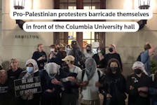 STORY: Protesters also used outdoor tables to barricade the entrance to Hamilton Hall after other student protesters barricaded themselves inside the building. The school began suspending pro-Palestinian activists who refused to take down a tent encampment on its New York City campus Monday (April 29) – after the school declared a stalemate in talks to end the protests. University President
