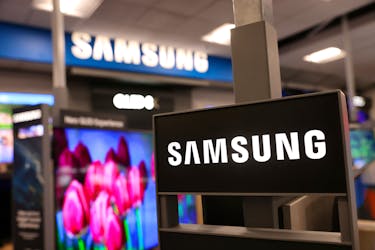 Samsung signage is seen in a store in Manhattan, New York City, U.S., November 22, 2021.