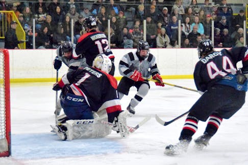 The South West Storm faced-off against the Spryfield Attack in best of five quarter final action in the Nova Scotia Regional Junior Hockey League. The Storm rebounded from a 2-1 series deficit to win the series 3-2, advancing to meet the Sackville Knights in semi-final play. Kathy Johnson photo