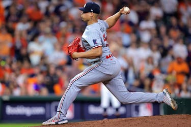 Oct 8, 2023; Houston, Texas, USA; Minnesota Twins relief pitcher Jhoan Duran (59) throws a pitch against the Houston Astros in the ninth inning for game two of the ALDS for the 2023 MLB playoffs at Minute Maid Park. Mandatory Credit: Erik Williams-USA TODAY Sports/File Photo