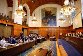 View of the chamber at the International Court of Justice (ICJ) where Nicaragua rules on a demand to order Berlin to halt military arms exports to Israel and reverse its decision to stop funding U.N. Palestinian refugee agency UNRWA as an emergency measure in The Hague, Netherlands, April 30 2024.