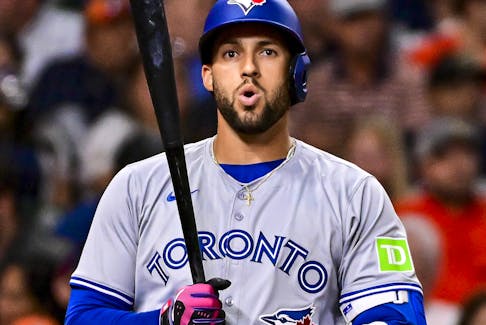 Blue Jays' Geroge Springer takes a breath during an at-bat against the Houston Texans.