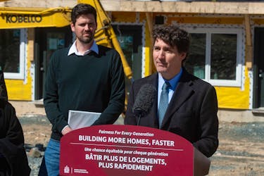 Prime Minister Justin Trudeau speaks at a housing announcement in Dartmouth as Housing Minister Sean Fraser listens on Tuesday, April 2, 2024.
Ryan Taplin - The Chronicle Herald