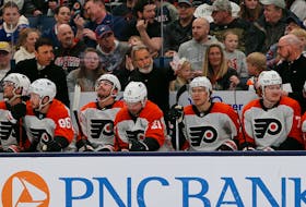 Apr 6, 2024; Columbus, Ohio, USA; Philadelphia Flyers head coach John Tortorella directs players from the bench during the first period against the Columbus Blue Jackets at Nationwide Arena. Mandatory Credit: Russell LaBounty-USA TODAY Sports