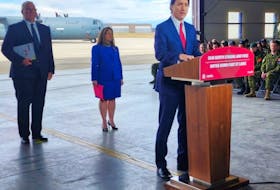 From left, Defence Minister Bill Blair and Deputy Prime Minister Chrystia Freeland were on hand Monday at 8 Wing Trenton as Prime Minister Justin Trudeau helped unveil “Our North, Strong and Free,” a new defence policy to guide Canada’s military for the next 20 years. 