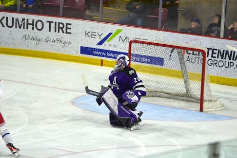 Amherst Ramblers goaltender Lyam Leblanc, 29, follows the puck after making a save during a Maritime Junior Hockey League (MHL) playoff game in Summerside on April 6. Leblanc turned in a 50-save performance in the Ramblers’ 4-3 overtime win in Amherst, N.S., on April 8 to tie the best-of-seven Eastlink South Division final series 2-2. - Jason Simmonds/SaltWire