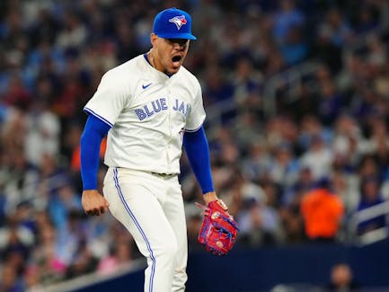 Blue Jays pitcher Jose Berrios reacts during fifth inning against the Mariners at Rogers Centre last night. 