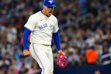 Blue Jays pitcher Jose Berrios reacts during fifth inning against the Mariners at Rogers Centre last night. 