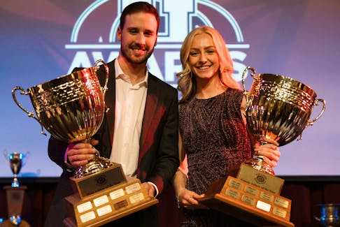 Bryce Corless, left, and Emily Lepine were recently named the 2023-24 Holland Hurricanes’ athletes of the year. The presentations took place during the Hurricanes’ Awards Night at the Florence Simmons Performance Hall in Charlottetown on the Holland College Prince of Wales Campus. Ellison Media • Special to The Guardian