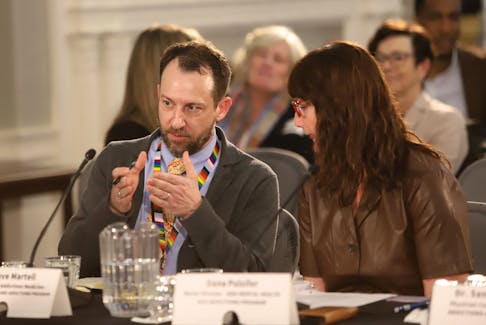 Dr. David Martell, physician lead in  addictions medicine, left, seen before the start of the health standing committee in the Red Chamber at Province House in Halifax Tuesday April 9, 2024.

TIM KROCHAK PHOTO