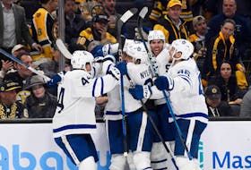 The Toronto Maple Leafs celebrate their overtime win over the Boston Bruins in game five of the first round of the 2024 Stanley Cup Playoffs at TD Garden in Boston, on Tuesday, April 30, 2024. - Bob DeChiara / USA TODAY Sports